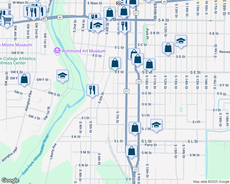 map of restaurants, bars, coffee shops, grocery stores, and more near 623 South G Street in Richmond