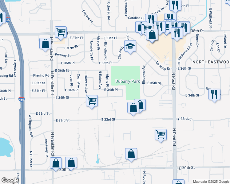 map of restaurants, bars, coffee shops, grocery stores, and more near 8525 East 34th Street in Indianapolis