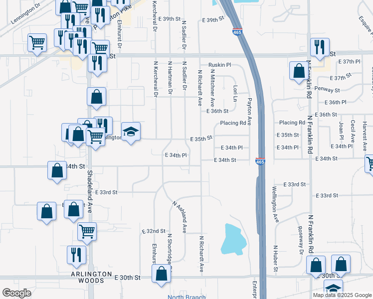 map of restaurants, bars, coffee shops, grocery stores, and more near 3417 North Sadlier Drive in Indianapolis