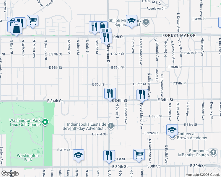 map of restaurants, bars, coffee shops, grocery stores, and more near 3426 North Sherman Drive in Indianapolis