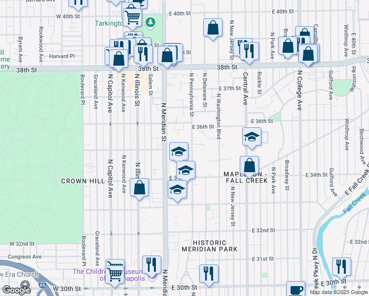 map of restaurants, bars, coffee shops, grocery stores, and more near 3444 North Pennsylvania Street in Indianapolis