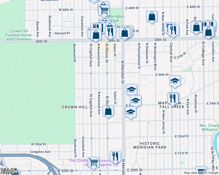 map of restaurants, bars, coffee shops, grocery stores, and more near 39 West 35th Street in Indianapolis