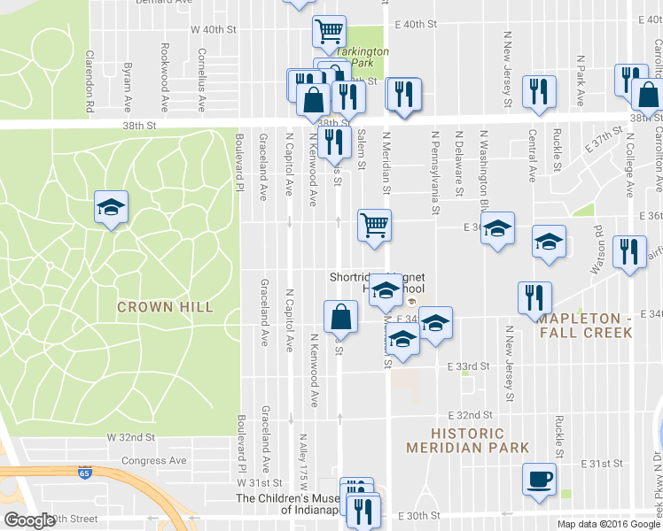 map of restaurants, bars, coffee shops, grocery stores, and more near 3463 North Kenwood Avenue in Indianapolis