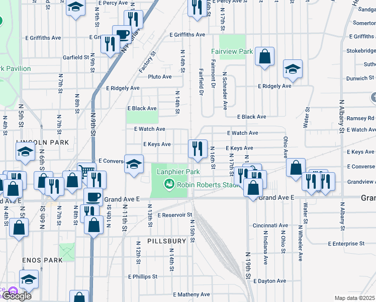 map of restaurants, bars, coffee shops, grocery stores, and more near 1417 East Converse Street in Springfield