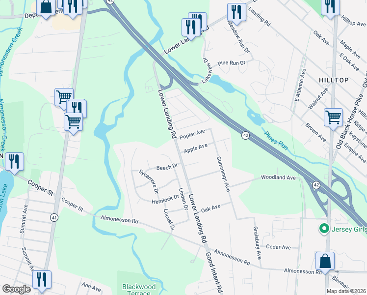 map of restaurants, bars, coffee shops, grocery stores, and more near 947 Lower Landing Road in Camden County
