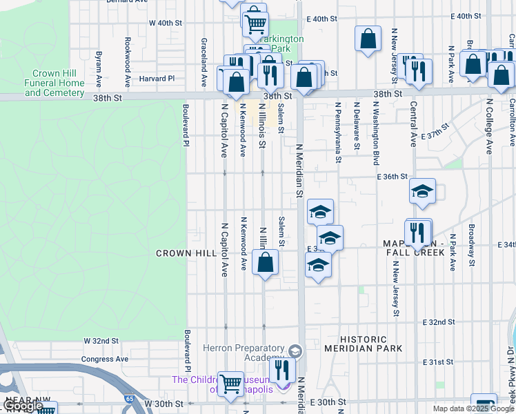 map of restaurants, bars, coffee shops, grocery stores, and more near 3463 North Kenwood Avenue in Indianapolis
