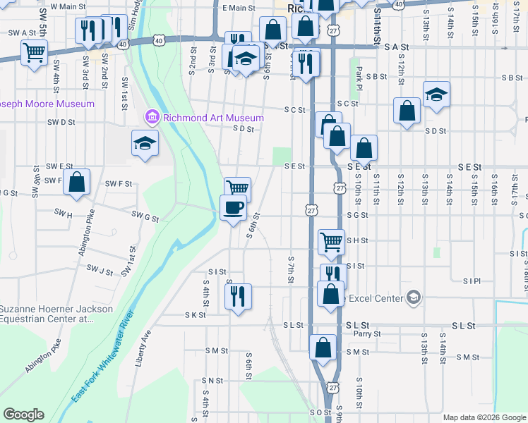 map of restaurants, bars, coffee shops, grocery stores, and more near 623 South G Street in Richmond