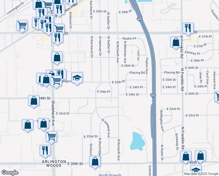 map of restaurants, bars, coffee shops, grocery stores, and more near 3417 North Sadlier Drive in Indianapolis