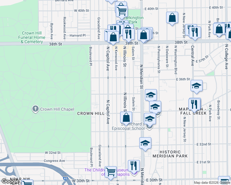map of restaurants, bars, coffee shops, grocery stores, and more near 3463 North Kenwood Avenue in Indianapolis