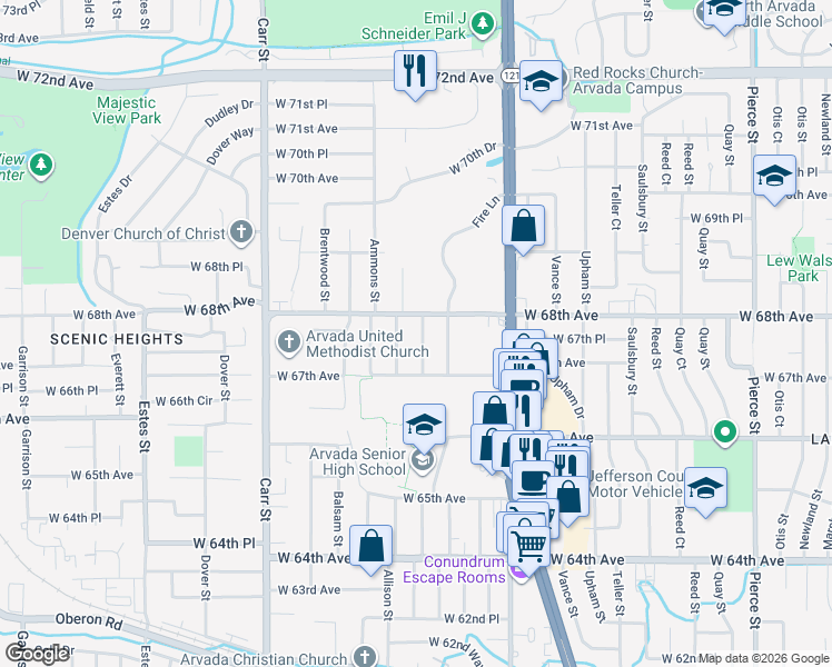 map of restaurants, bars, coffee shops, grocery stores, and more near 6765 Zephyr Street in Arvada
