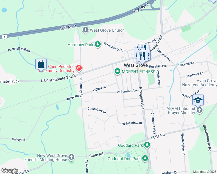 map of restaurants, bars, coffee shops, grocery stores, and more near 222 Willow Street in West Grove