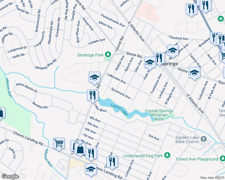 map of restaurants, bars, coffee shops, grocery stores, and more near 1015 Sycamore Avenue in Laurel Springs