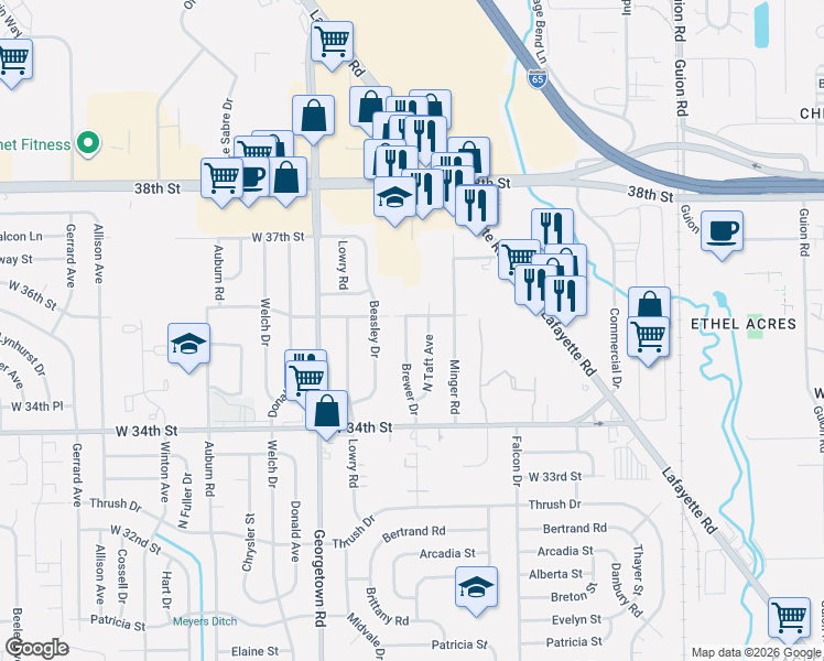 map of restaurants, bars, coffee shops, grocery stores, and more near 3527 Brewer Drive in Indianapolis