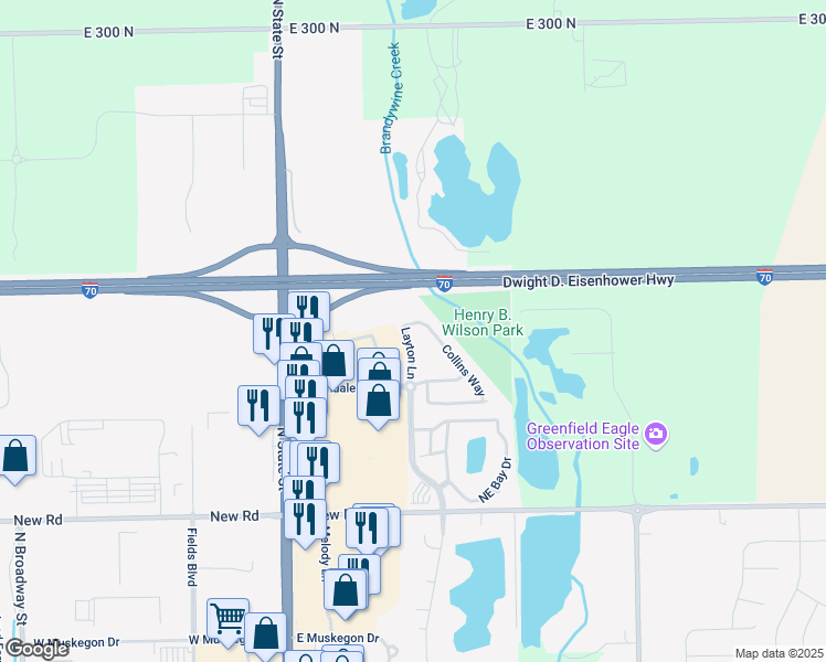 map of restaurants, bars, coffee shops, grocery stores, and more near 2383 Layton Lane in Greenfield