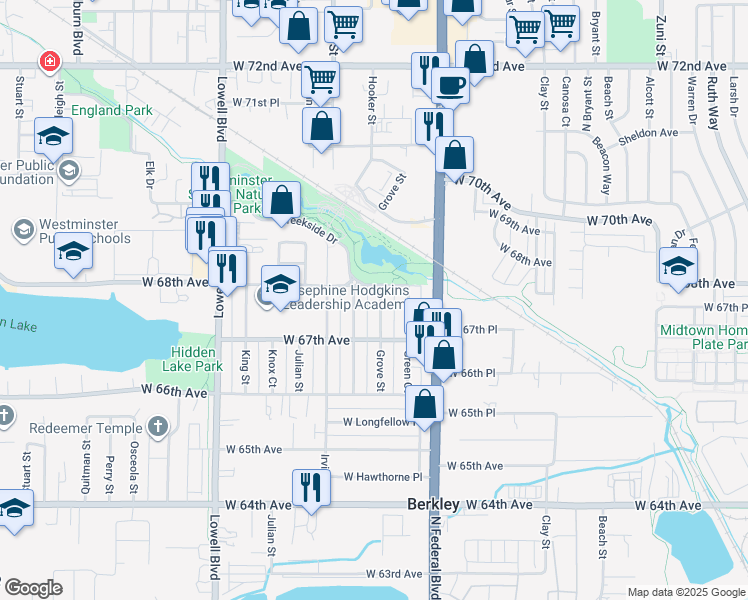 map of restaurants, bars, coffee shops, grocery stores, and more near 6732 Hooker Street in Denver
