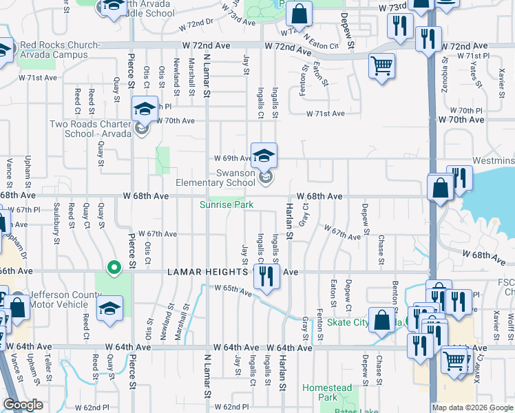 map of restaurants, bars, coffee shops, grocery stores, and more near 6727 Ingalls Court in Arvada