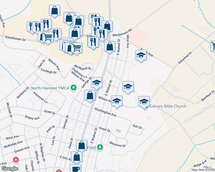 map of restaurants, bars, coffee shops, grocery stores, and more near 950 East Walnut Street in Hanover