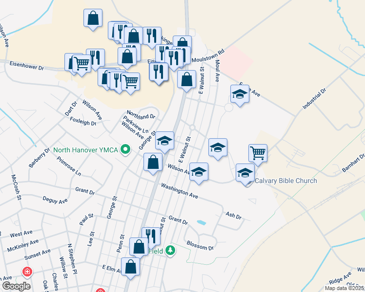 map of restaurants, bars, coffee shops, grocery stores, and more near 950 East Walnut Street in Hanover