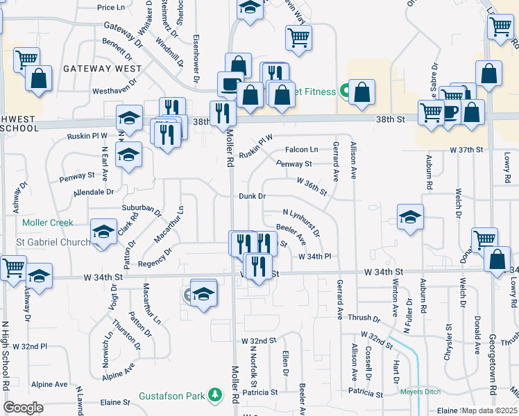 map of restaurants, bars, coffee shops, grocery stores, and more near 3574 Christopher Lane in Indianapolis