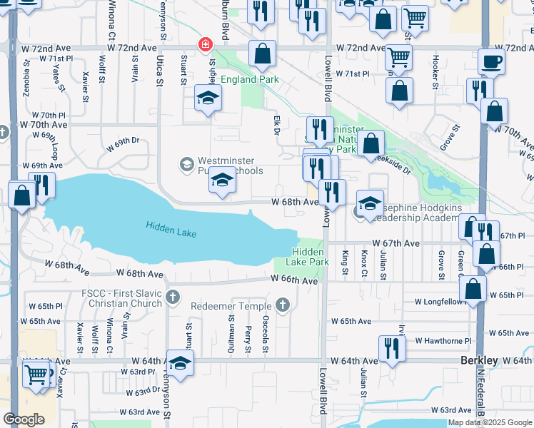 map of restaurants, bars, coffee shops, grocery stores, and more near 6753 Meade Circle in Westminster
