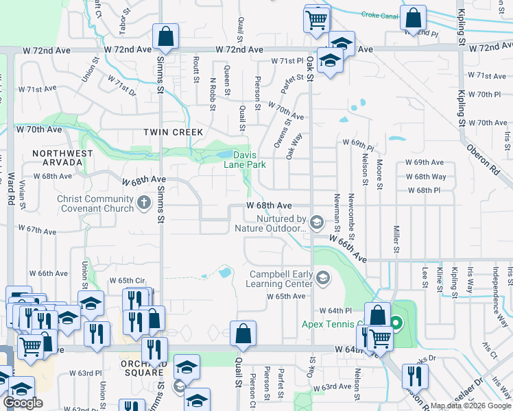 map of restaurants, bars, coffee shops, grocery stores, and more near 11133 West 67th Way in Arvada