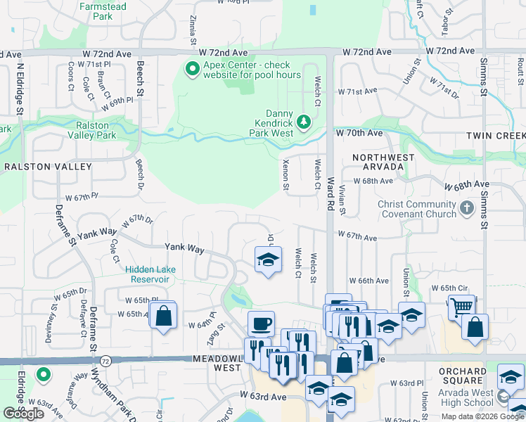 map of restaurants, bars, coffee shops, grocery stores, and more near 6733 Xenon Drive in Arvada