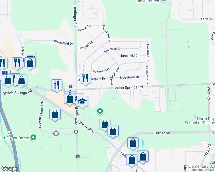 map of restaurants, bars, coffee shops, grocery stores, and more near 1780 Shiloh Springs Road in Dayton