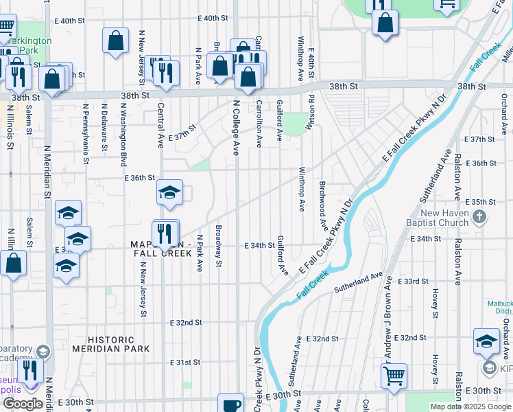 map of restaurants, bars, coffee shops, grocery stores, and more near 3443 Carrollton Avenue in Indianapolis