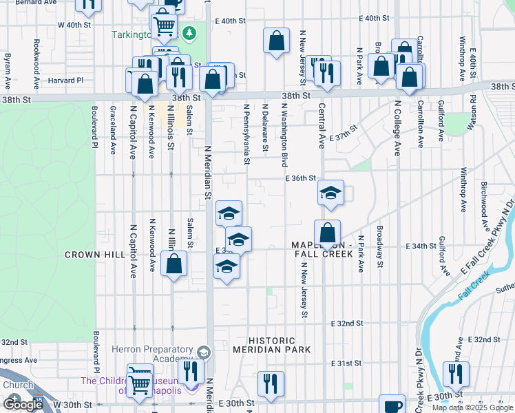 map of restaurants, bars, coffee shops, grocery stores, and more near 3445 North Pennsylvania Street in Indianapolis