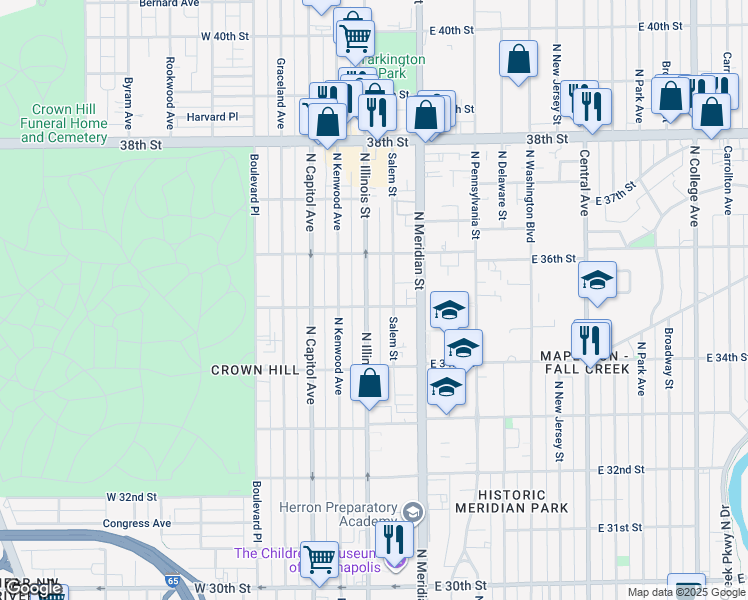 map of restaurants, bars, coffee shops, grocery stores, and more near 39 West 35th Street in Indianapolis