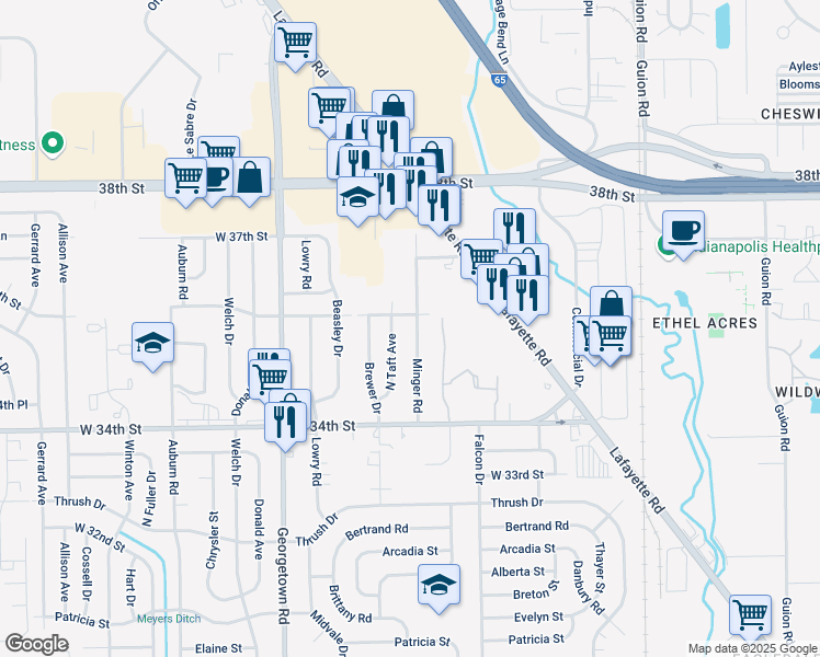 map of restaurants, bars, coffee shops, grocery stores, and more near 3520 Minger Road in Indianapolis