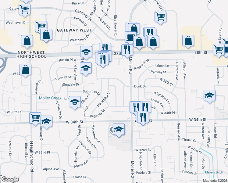 map of restaurants, bars, coffee shops, grocery stores, and more near 3531 Macarthur Lane in Indianapolis