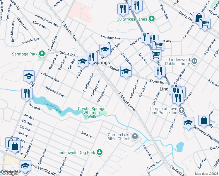 map of restaurants, bars, coffee shops, grocery stores, and more near 511 West Atlantic Avenue in Laurel Springs