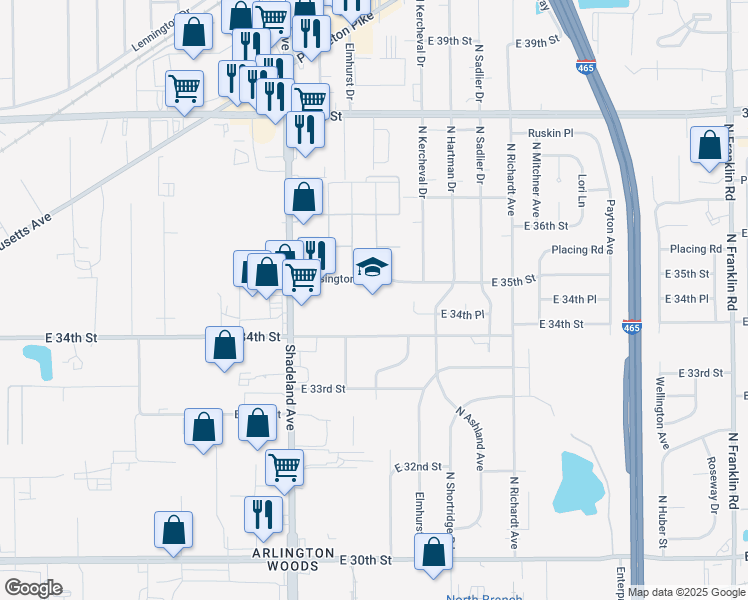 map of restaurants, bars, coffee shops, grocery stores, and more near 7151 East 35th Street in Indianapolis