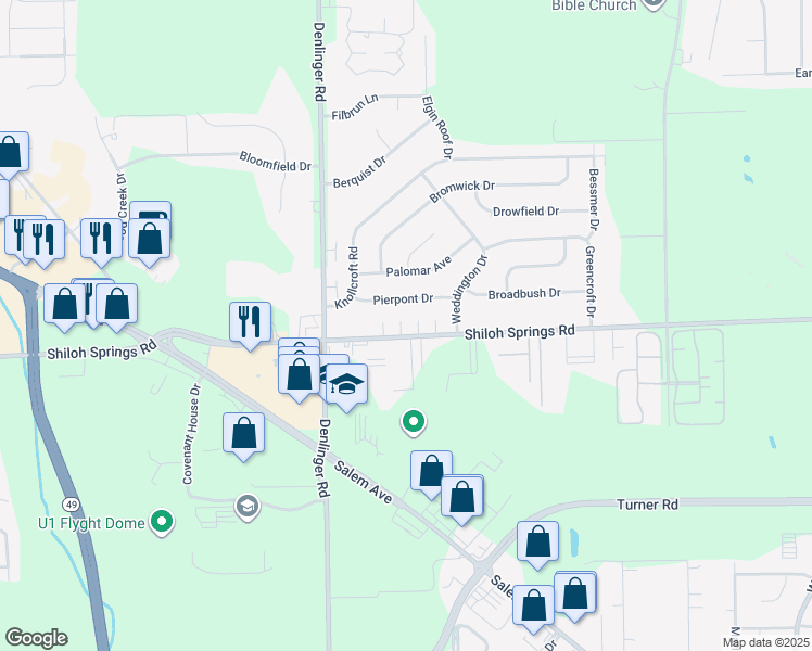 map of restaurants, bars, coffee shops, grocery stores, and more near 1780 Shiloh Springs Road in Dayton