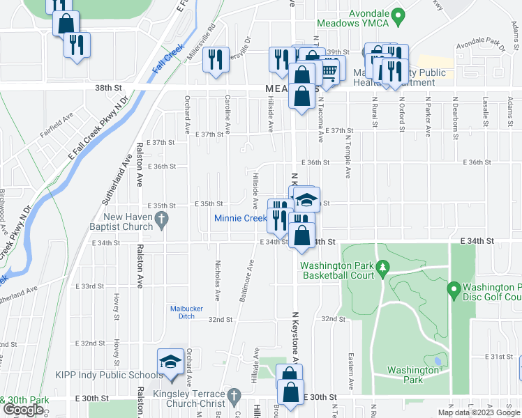 map of restaurants, bars, coffee shops, grocery stores, and more near 3451 Hillside Avenue in Indianapolis