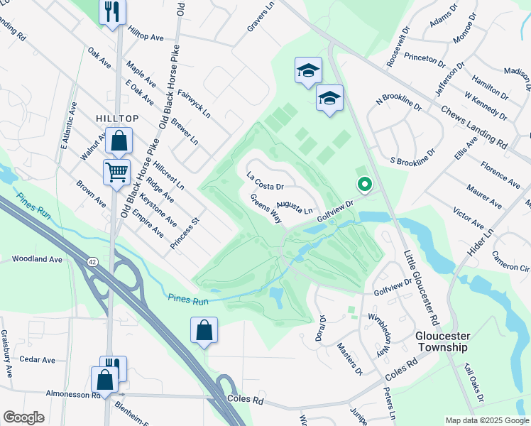 map of restaurants, bars, coffee shops, grocery stores, and more near 29 Greens Way in Camden County