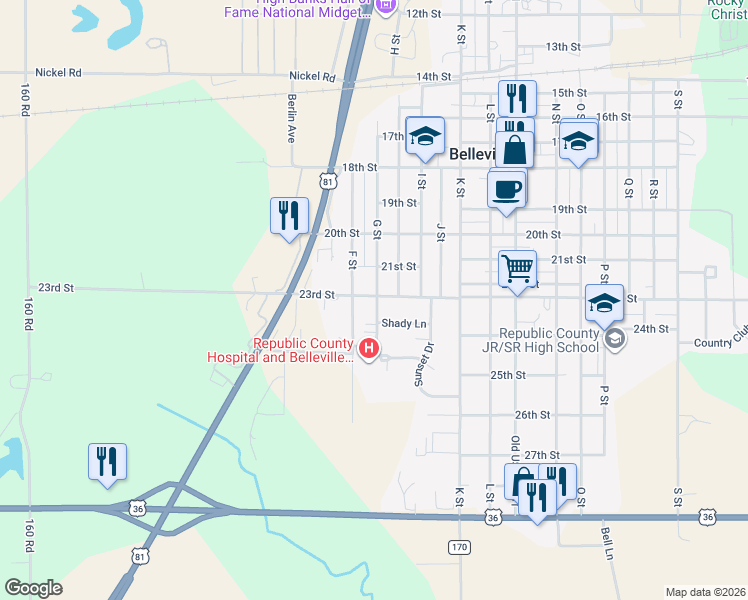 map of restaurants, bars, coffee shops, grocery stores, and more near 2301 G Street in Belleville