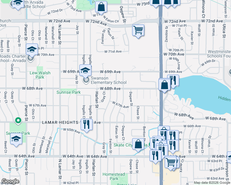 map of restaurants, bars, coffee shops, grocery stores, and more near 6785 Fenton Street in Arvada