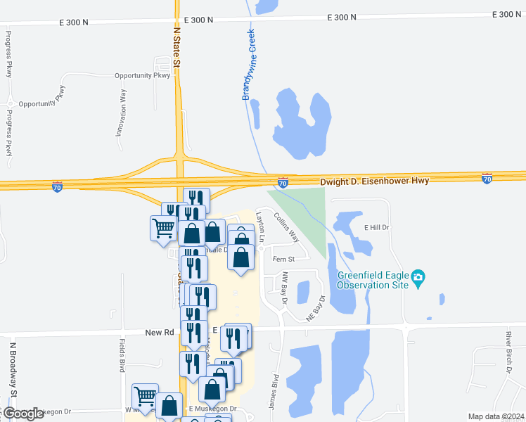 map of restaurants, bars, coffee shops, grocery stores, and more near 2391 Layton Lane in Greenfield