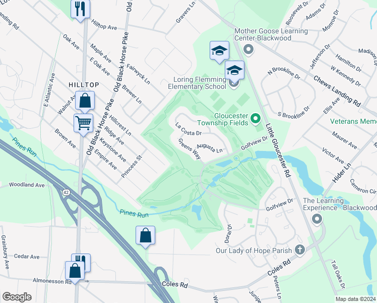 map of restaurants, bars, coffee shops, grocery stores, and more near 29 Greens Way in Camden County