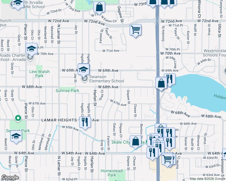 map of restaurants, bars, coffee shops, grocery stores, and more near 6785 Fenton Street in Arvada
