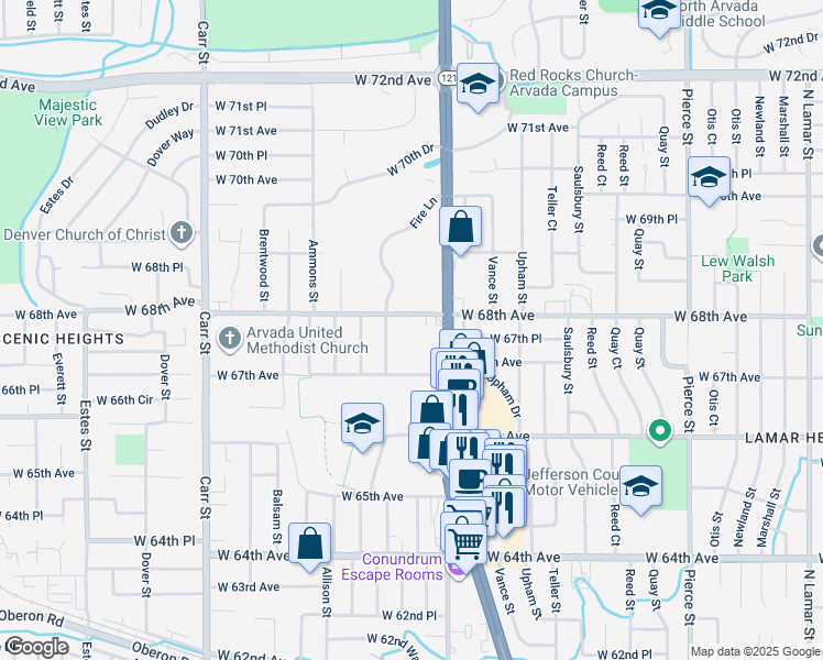 map of restaurants, bars, coffee shops, grocery stores, and more near 7650 West 68th Avenue in Arvada