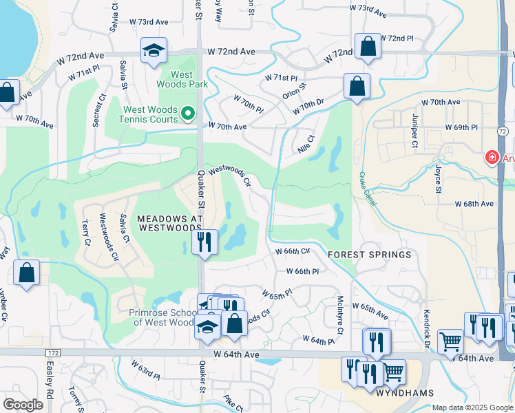 map of restaurants, bars, coffee shops, grocery stores, and more near 6820 Orion Court in Arvada