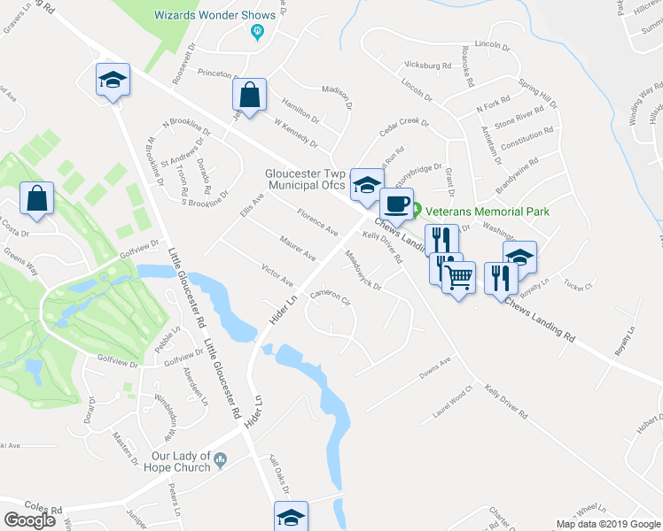 map of restaurants, bars, coffee shops, grocery stores, and more near 5 Stoneleigh Ct in Laurel Springs