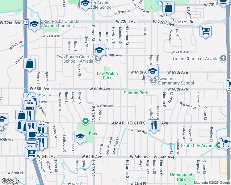 map of restaurants, bars, coffee shops, grocery stores, and more near 6734 Newland Street in Arvada