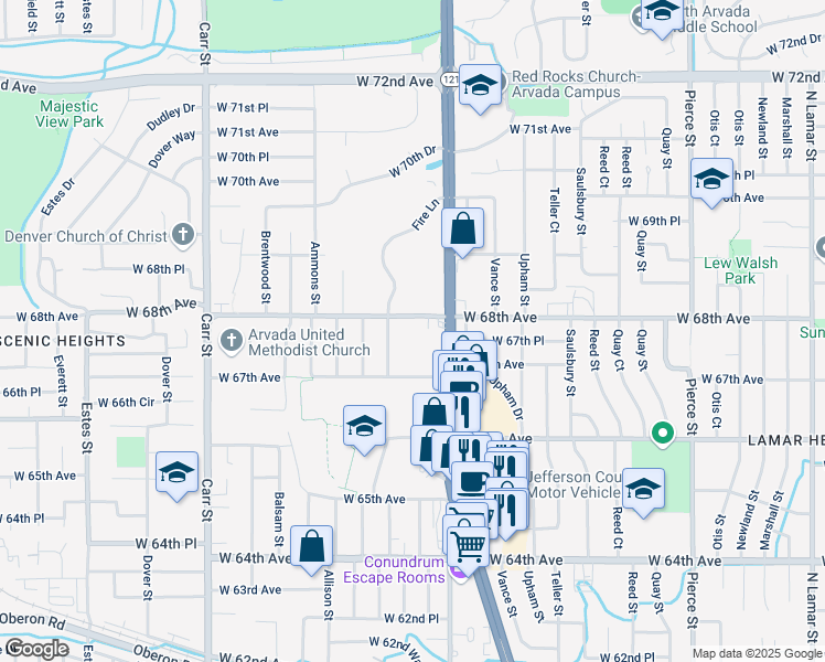 map of restaurants, bars, coffee shops, grocery stores, and more near 7655 West 67th Avenue in Arvada
