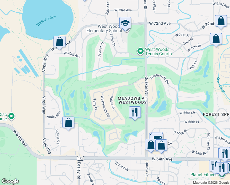 map of restaurants, bars, coffee shops, grocery stores, and more near 16868 West 67th Place in Arvada