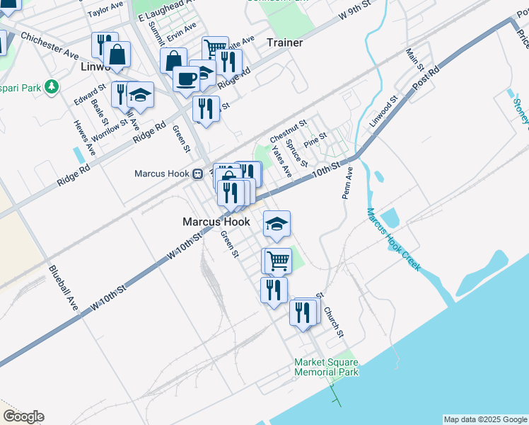 map of restaurants, bars, coffee shops, grocery stores, and more near 9 East 9th Street in Marcus Hook