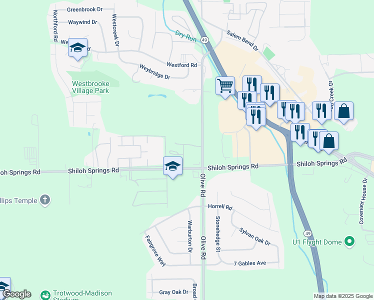 map of restaurants, bars, coffee shops, grocery stores, and more near 3031 Shiloh Springs Road in Dayton